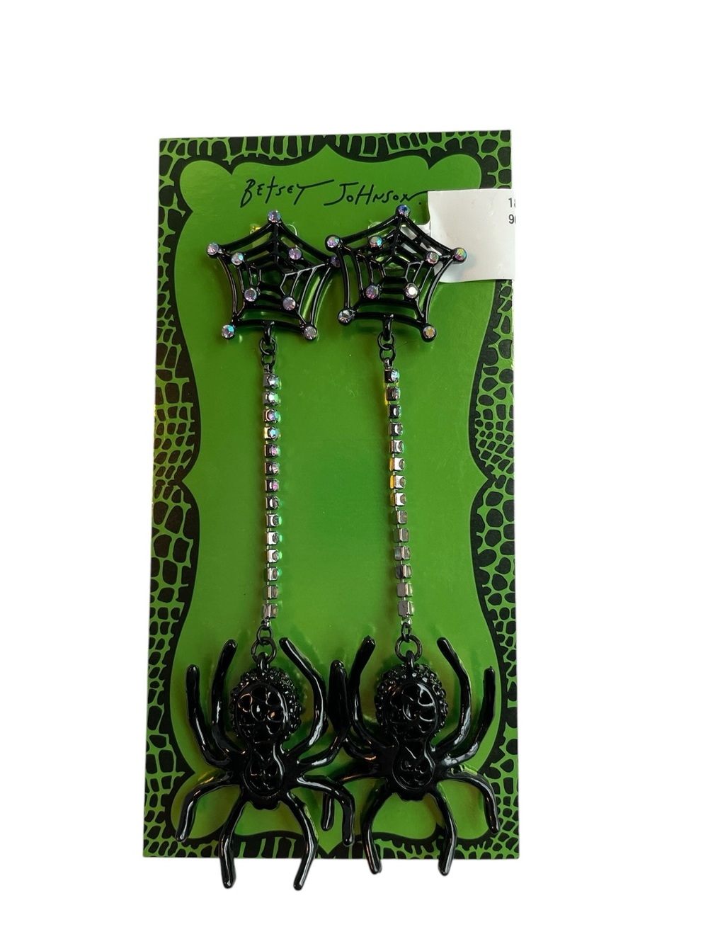 Betsey Johnson Black Spider Web Drop Earrings with Iridescent Stones
